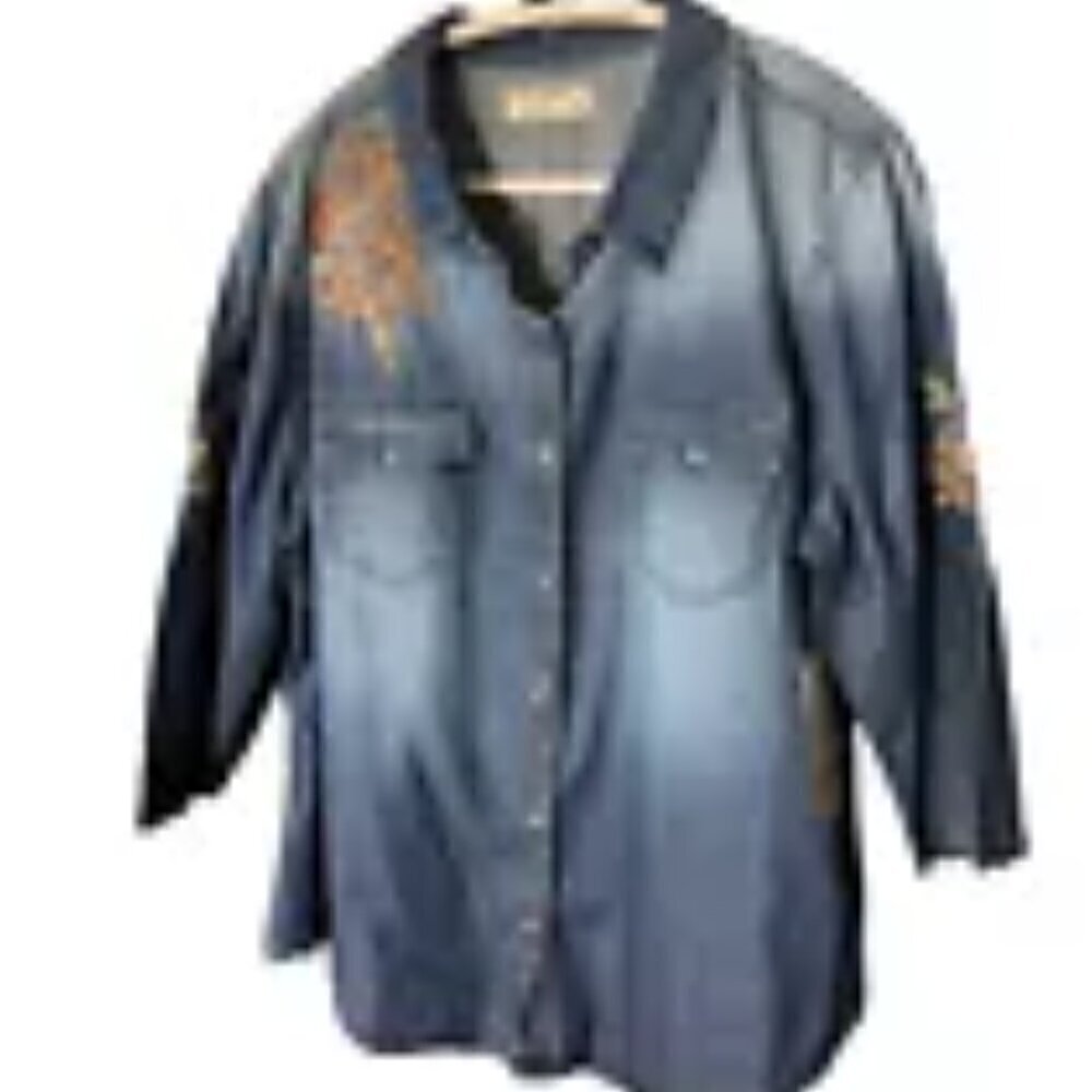 Ruff Hewn Denim Shirt Size L Button Dwn Pearl Buttn Embroidered Floral Womens - Picture 4 of 7